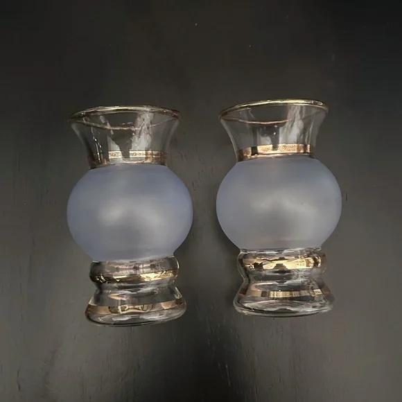 MCM 1953 Bartlett Collins 2 Frosted Blue Glass Vases Gold Bands Hand Crafted USA - Picture 2 of 10